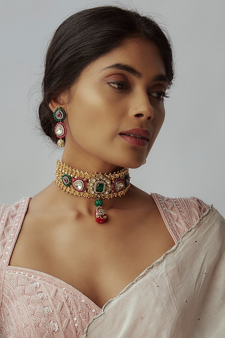 Two-Tone Finish Imitation Kundan Polki & Semi-Precious Stone Choker Necklace Set by Tad Accessories at Pernia's Pop Up Shop