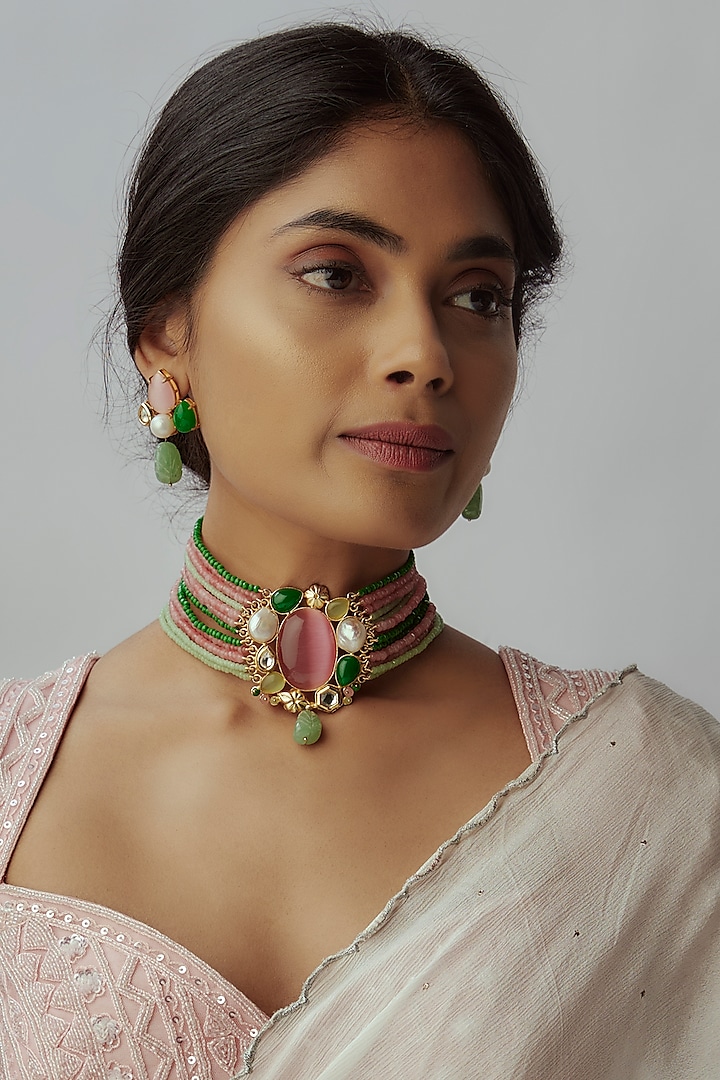 Gold Finish Multi-Colored Quartz & Semi-Precious Stone Choker Necklace Set by Tad Accessories at Pernia's Pop Up Shop