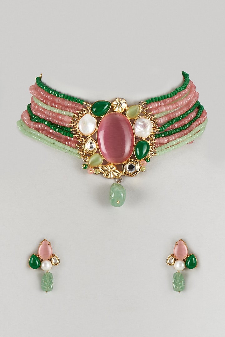 Gold Finish Multi-Colored Quartz & Semi-Precious Stone Choker Necklace Set by Tad Accessories at Pernia's Pop Up Shop