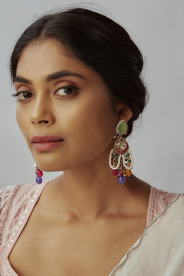 Two Tone Finish Imitation Kundan Polki & Semi-Precious Stone Dangler Earrings by Tad Accessories at Pernia's Pop Up Shop