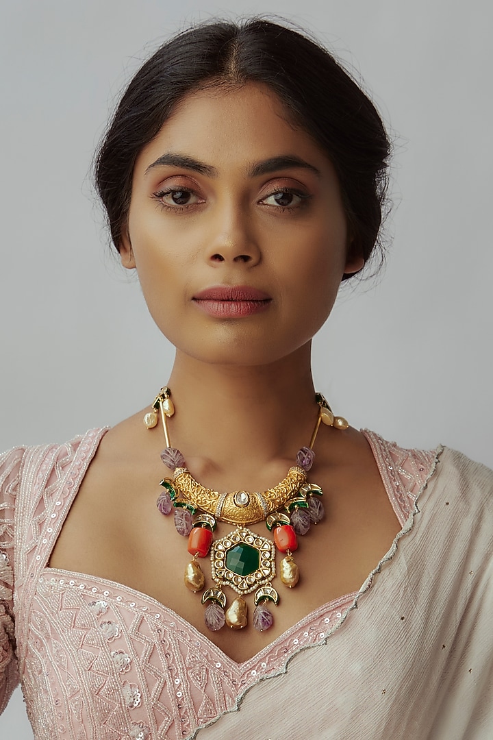 Gold Finish Semi-Precious Stone Necklace by Tad Accessories at Pernia's Pop Up Shop