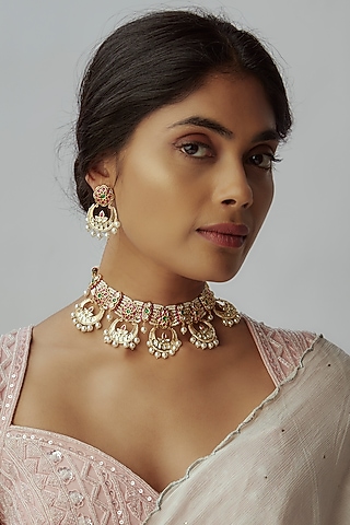 Gold Finish Kundan Polki & Semi-Precious Stone Necklace Set by Tad Accessories