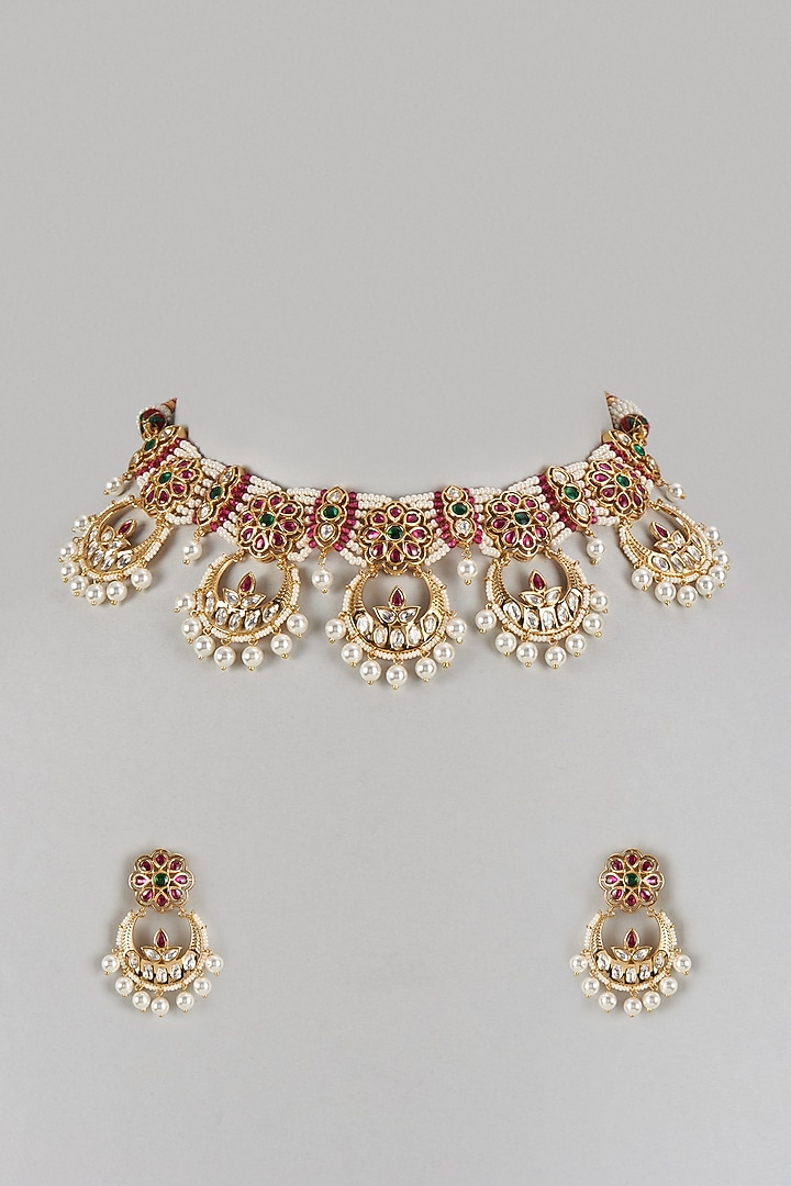 Gold Finish Kundan Polki & Semi-Precious Stone Necklace Set by Tad Accessories at Pernia's Pop Up Shop