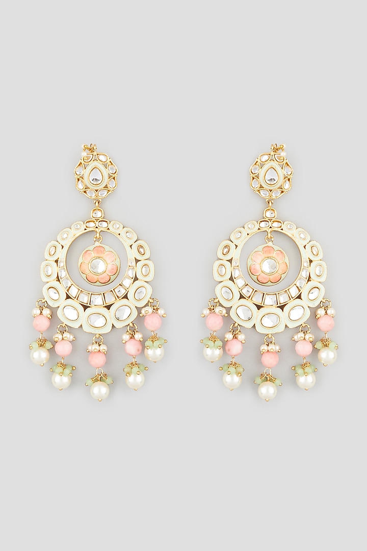 Gold Finish Kundan Polki Meenakari Earrings by Tad Accessories