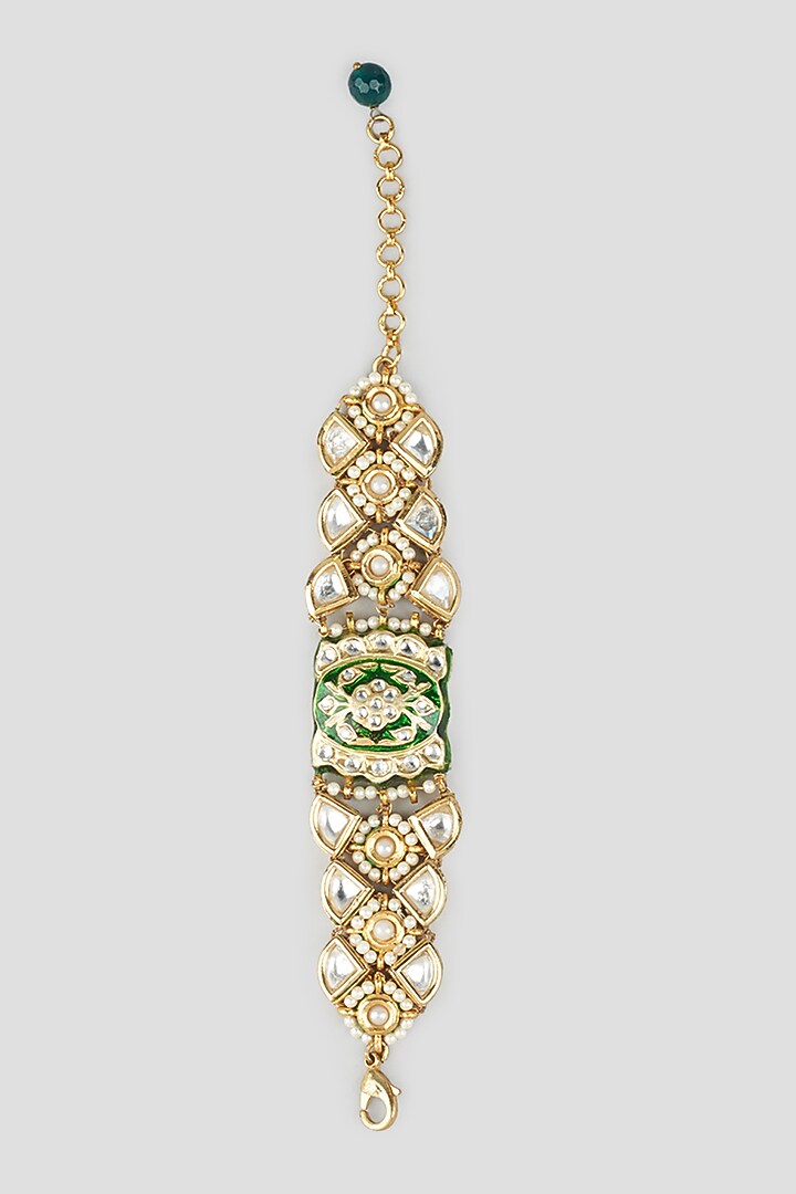 Gold Finish Kundan Polki Meenakari Bracelet by Tad Accessories at Pernia's Pop Up Shop