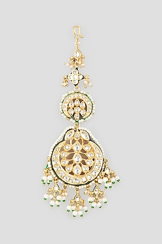 Gold Finish Kundan Polki Meenkari Maangtikka by Tad Accessories