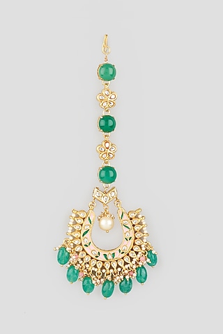 Gold Finish Green Beaded Maangtikka by Tad Accessories