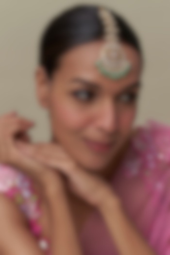 Gold Finish Kundan Polki & Green Stone Maangtikka by Tad Accessories at Pernia's Pop Up Shop