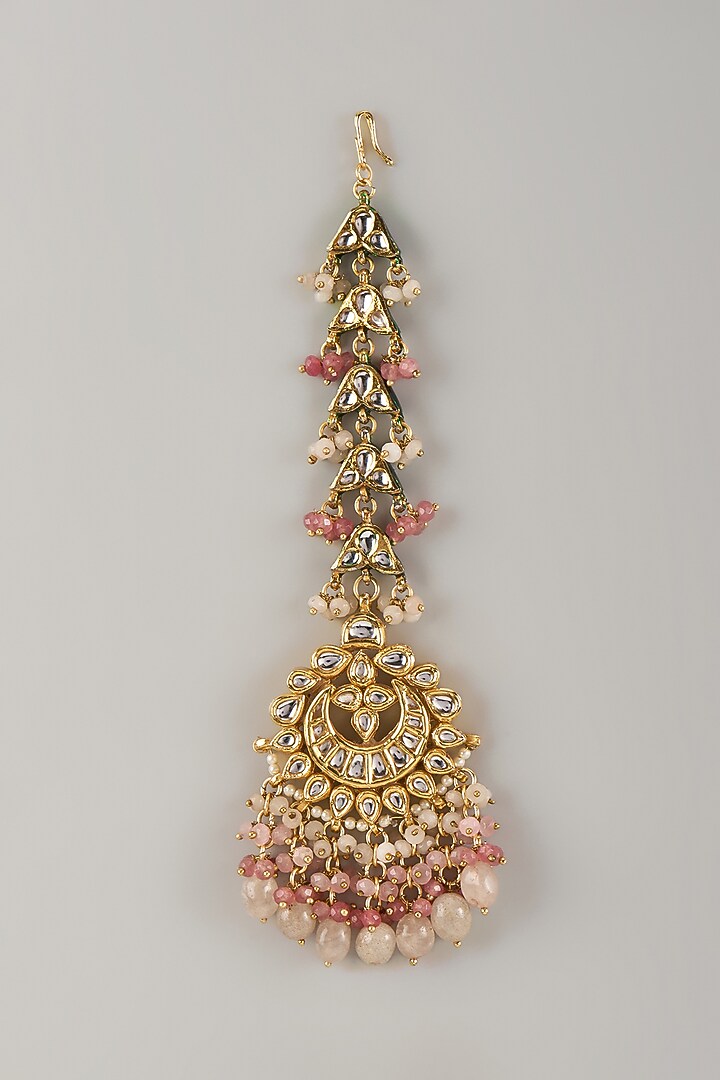 Gold Finish Kundan Polki & Peach Stone Maangtikka by Tad Accessories at Pernia's Pop Up Shop