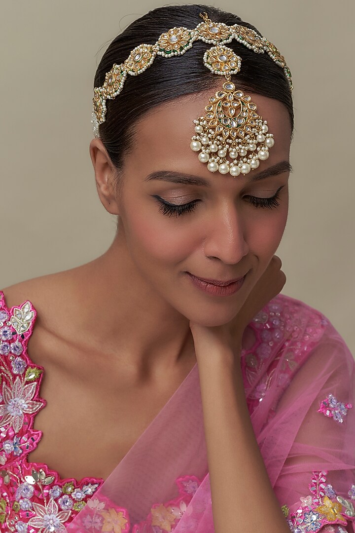 Gold Finish Kundan Polki & White Stone Mathapatti by Tad Accessories at Pernia's Pop Up Shop