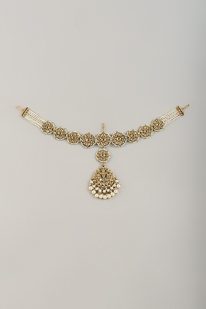 Gold Finish Kundan Polki & White Stone Mathapatti by Tad Accessories at Pernia's Pop Up Shop