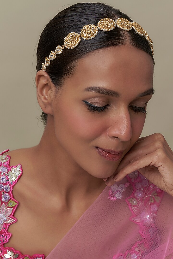 Gold Finish Kundan Polki & White Stone Mathapatti by Tad Accessories at Pernia's Pop Up Shop