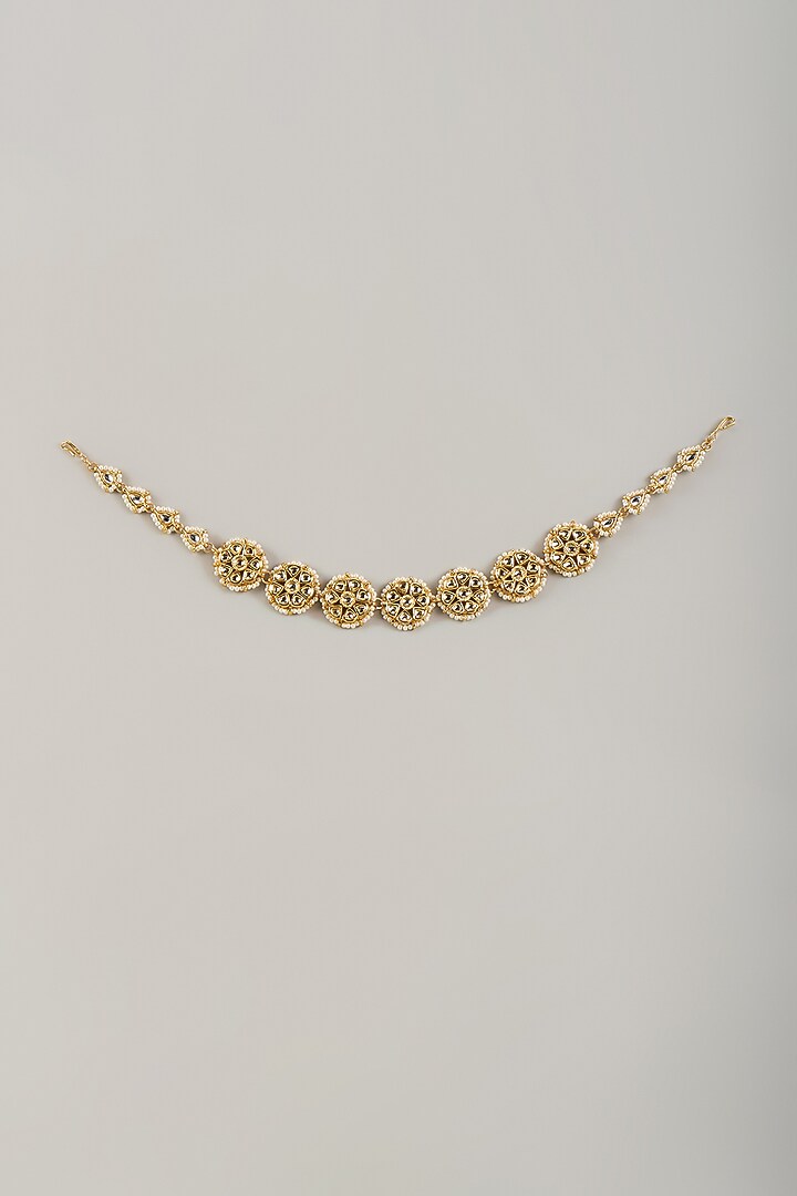 Gold Finish Kundan Polki & White Stone Mathapatti by Tad Accessories at Pernia's Pop Up Shop