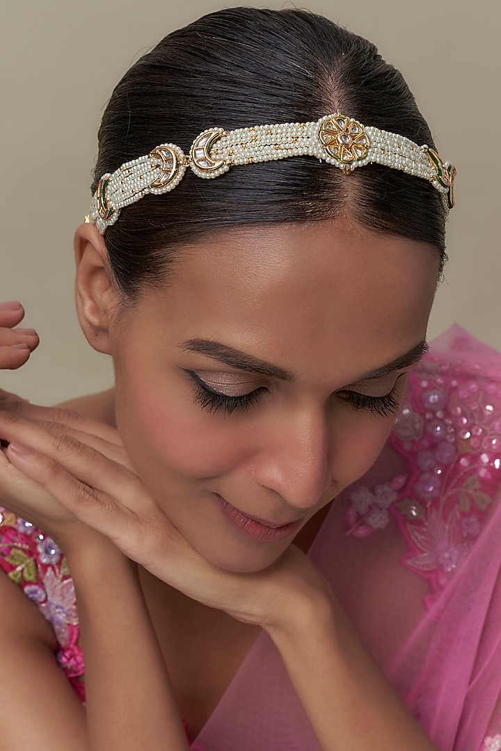 Gold Finish Kundan Polki & White Stone Mathapatti by Tad Accessories at Pernia's Pop Up Shop