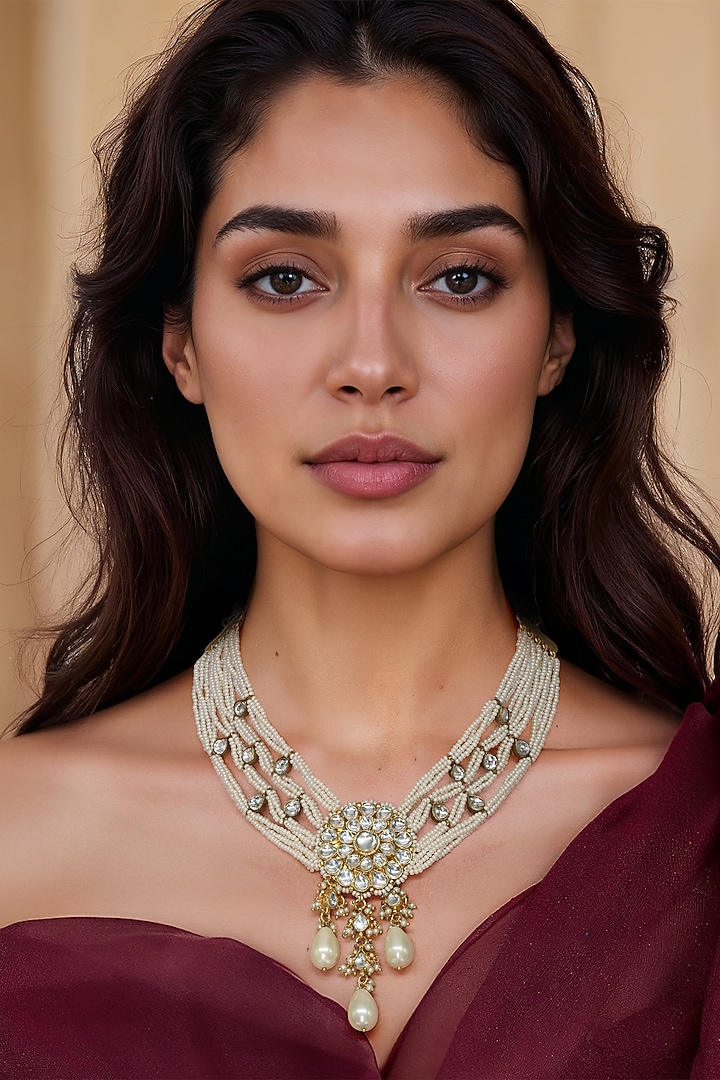 Gold Finish White Imitation Kundan Polki Choker Necklace by Tad Accessories at Pernia's Pop Up Shop