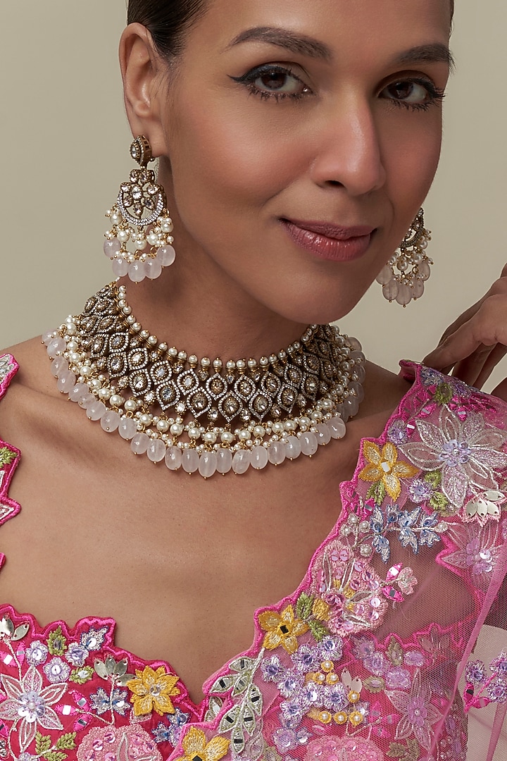 Gold Finish Kundan Polki & White Stone Necklace Set by Tad Accessories at Pernia's Pop Up Shop