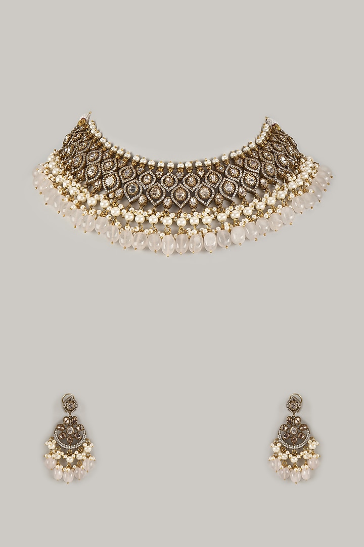 Gold Finish Kundan Polki & White Stone Necklace Set by Tad Accessories at Pernia's Pop Up Shop