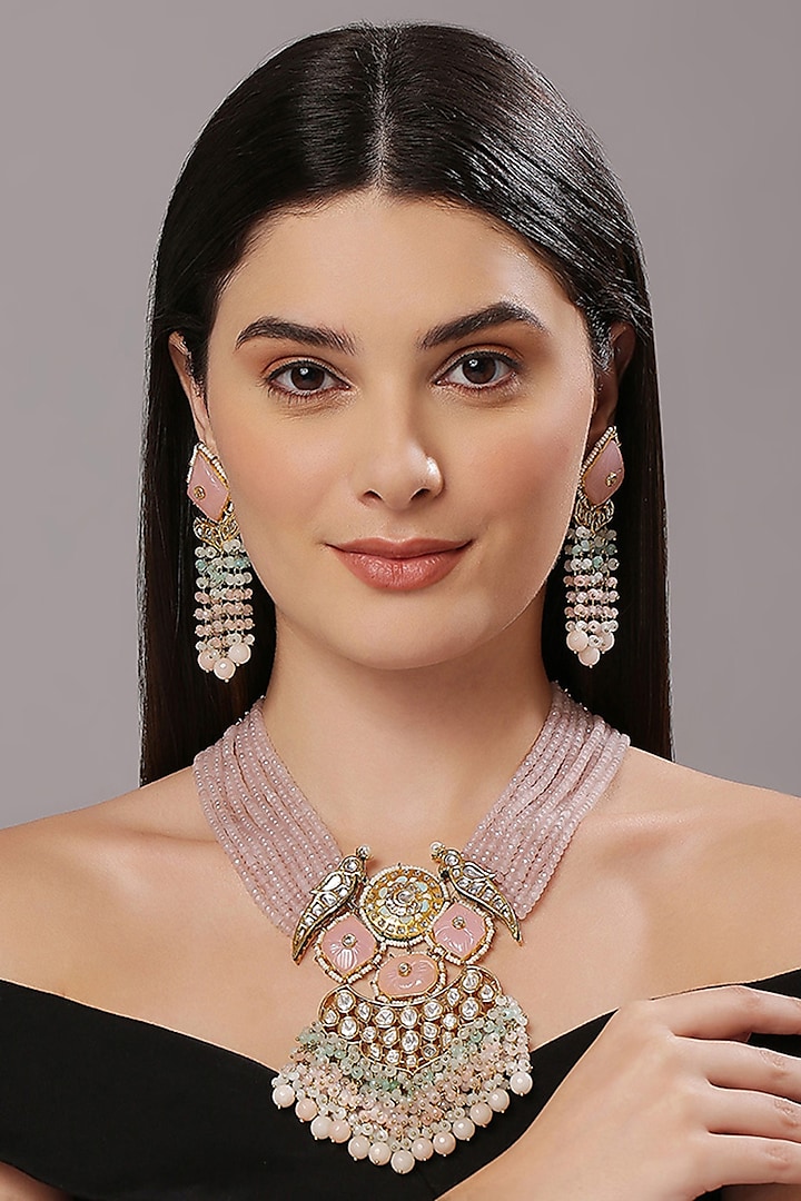 Gold Finish Pink Imitation Kundan Polki & Semi-Precious Stone Necklace Set by Tad Accessories at Pernia's Pop Up Shop