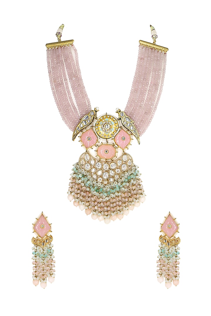 Gold Finish Pink Imitation Kundan Polki & Semi-Precious Stone Necklace Set by Tad Accessories at Pernia's Pop Up Shop