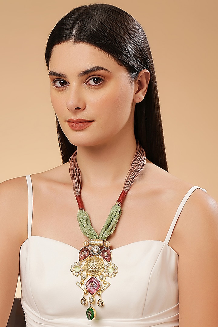 Gold Finish Red Kundan Polki & Semi-Precious Stone Necklace by Tad Accessories at Pernia's Pop Up Shop