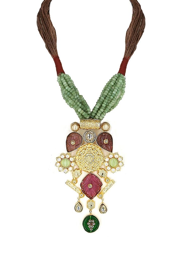 Gold Finish Red Kundan Polki & Semi-Precious Stone Necklace by Tad Accessories at Pernia's Pop Up Shop