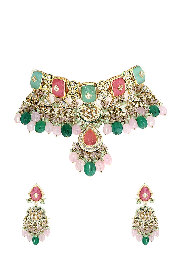 Gold Finish Multi-Colored Imitation Kundan Polki & Semi-Precious Stone Necklace Set by Tad Accessories at Pernia's Pop Up Shop