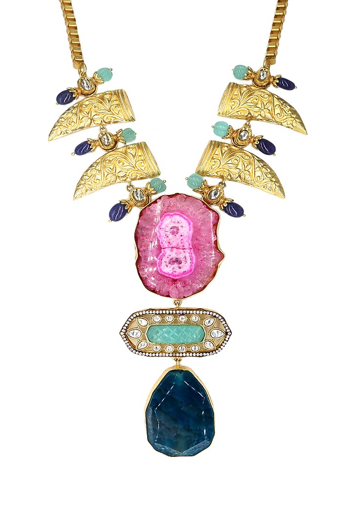 Gold Finish Blue Agate & Semi-Precious Stone Necklace by Tad Accessories at Pernia's Pop Up Shop