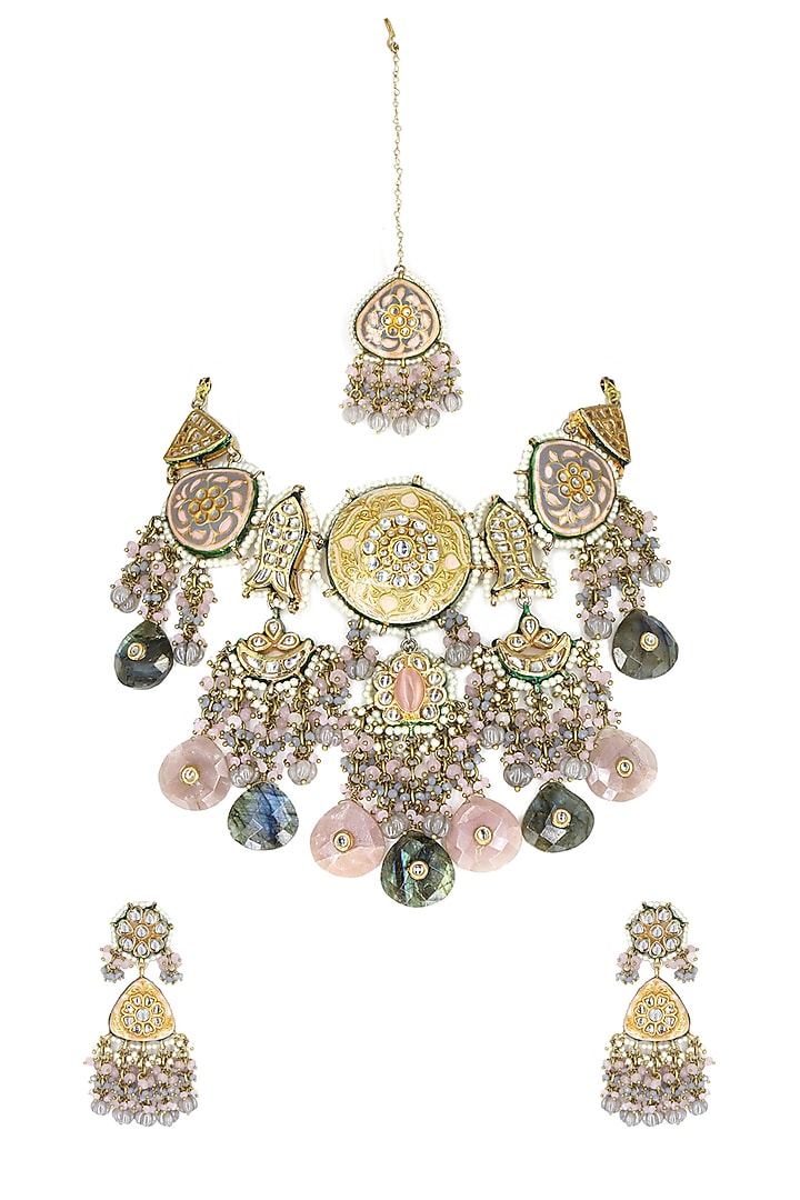 Gold Finish Grey Imitation Kundan Polki & Semi-Precious Stone Necklace Set by Tad Accessories at Pernia's Pop Up Shop