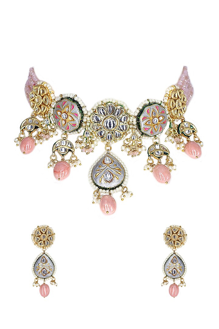 Gold Finish Grey Imitation Kundan Polki & Semi-Precious Stone Necklace Set by Tad Accessories at Pernia's Pop Up Shop