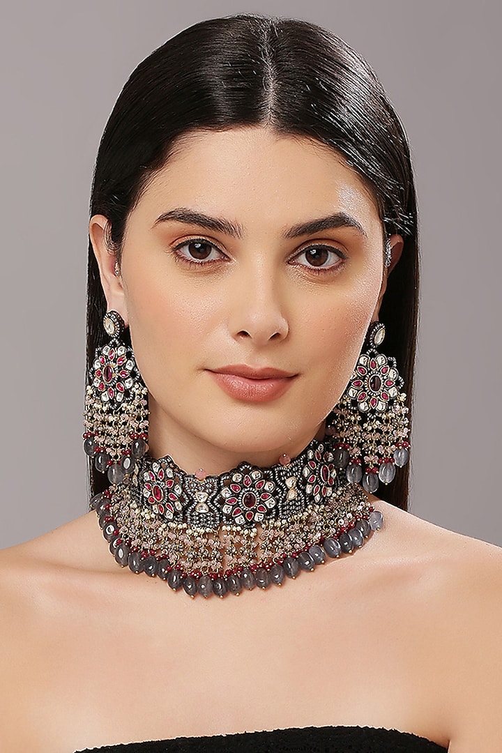 Two Tone Finish Red Imitation Kundan Polki & Semi-Precious Stone Necklace Set by Tad Accessories at Pernia's Pop Up Shop