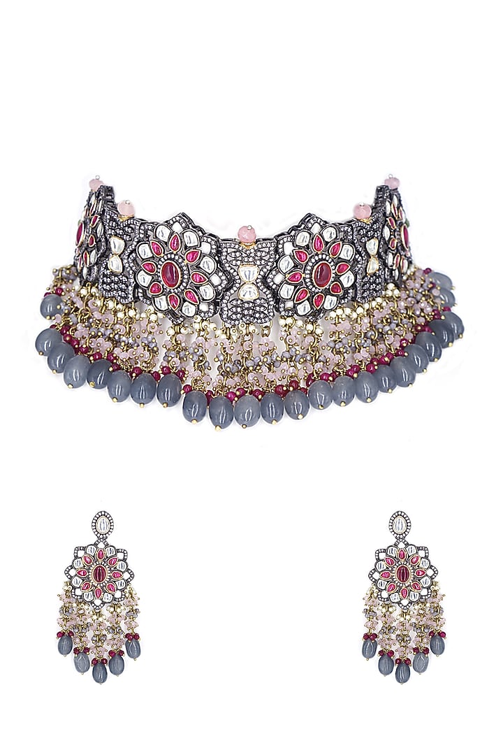 Two Tone Finish Red Imitation Kundan Polki & Semi-Precious Stone Necklace Set by Tad Accessories at Pernia's Pop Up Shop