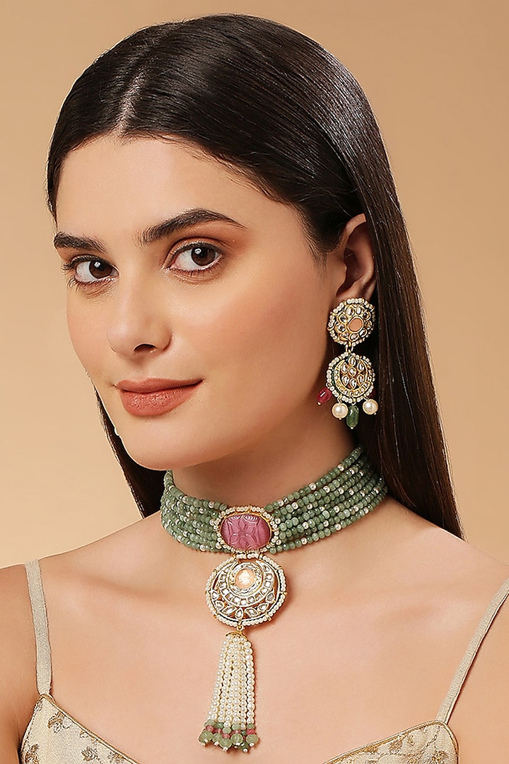 Gold Finish Green Imitation Kundan Polki & Semi-Precious Stone Necklace Set by Tad Accessories at Pernia's Pop Up Shop