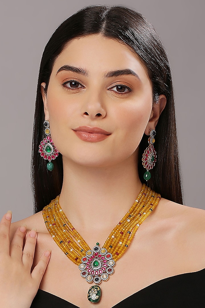 Gold Finish Yellow Imitation Kundan Polki & Semi-Precious Stone Necklace Set by Tad Accessories at Pernia's Pop Up Shop