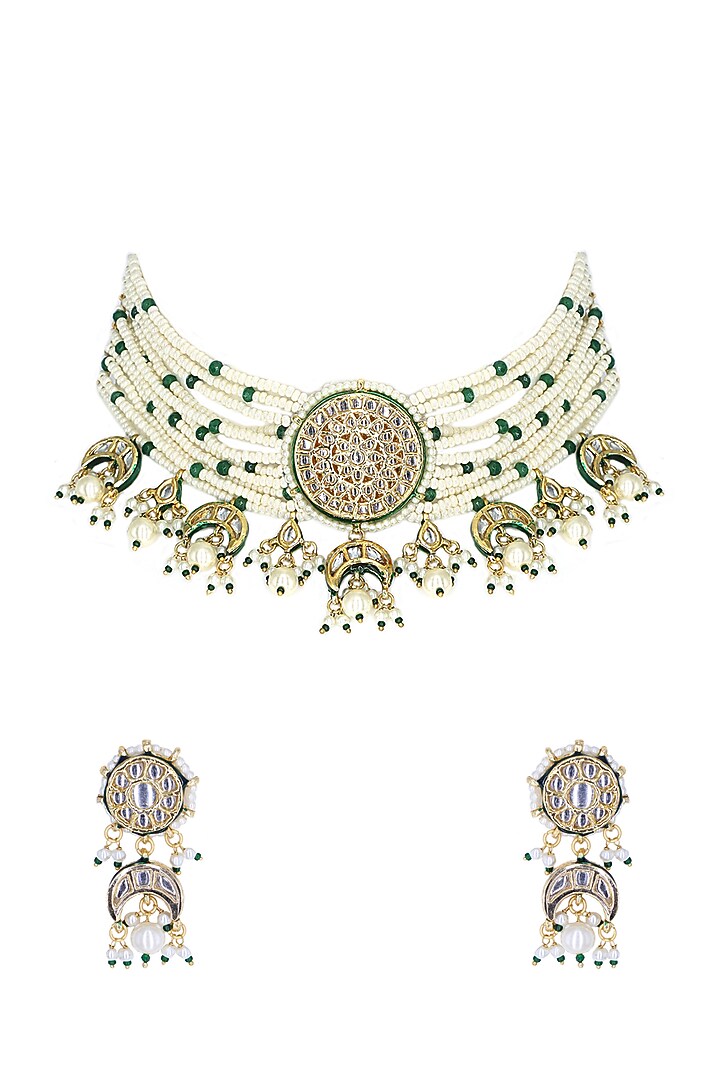 Gold Finish White Imitation Kundan Polki & Semi-Precious Stone Necklace Set by Tad Accessories at Pernia's Pop Up Shop