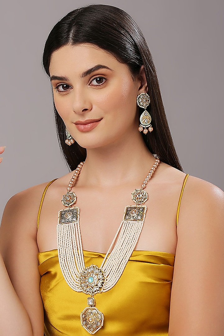 Gold Finish White Imitation Kundan Polki & Semi-Precious Stone Necklace Set by Tad Accessories at Pernia's Pop Up Shop