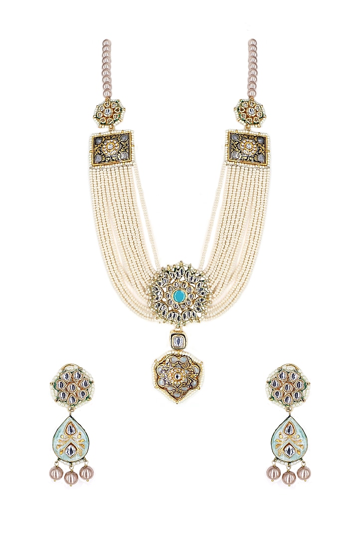 Gold Finish White Imitation Kundan Polki & Semi-Precious Stone Necklace Set by Tad Accessories at Pernia's Pop Up Shop