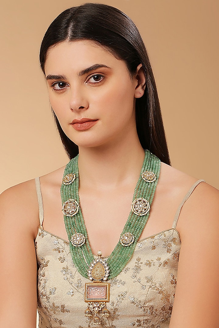 Gold Finish Green Kundan Polki & Semi-Precious Stone Necklace by Tad Accessories at Pernia's Pop Up Shop