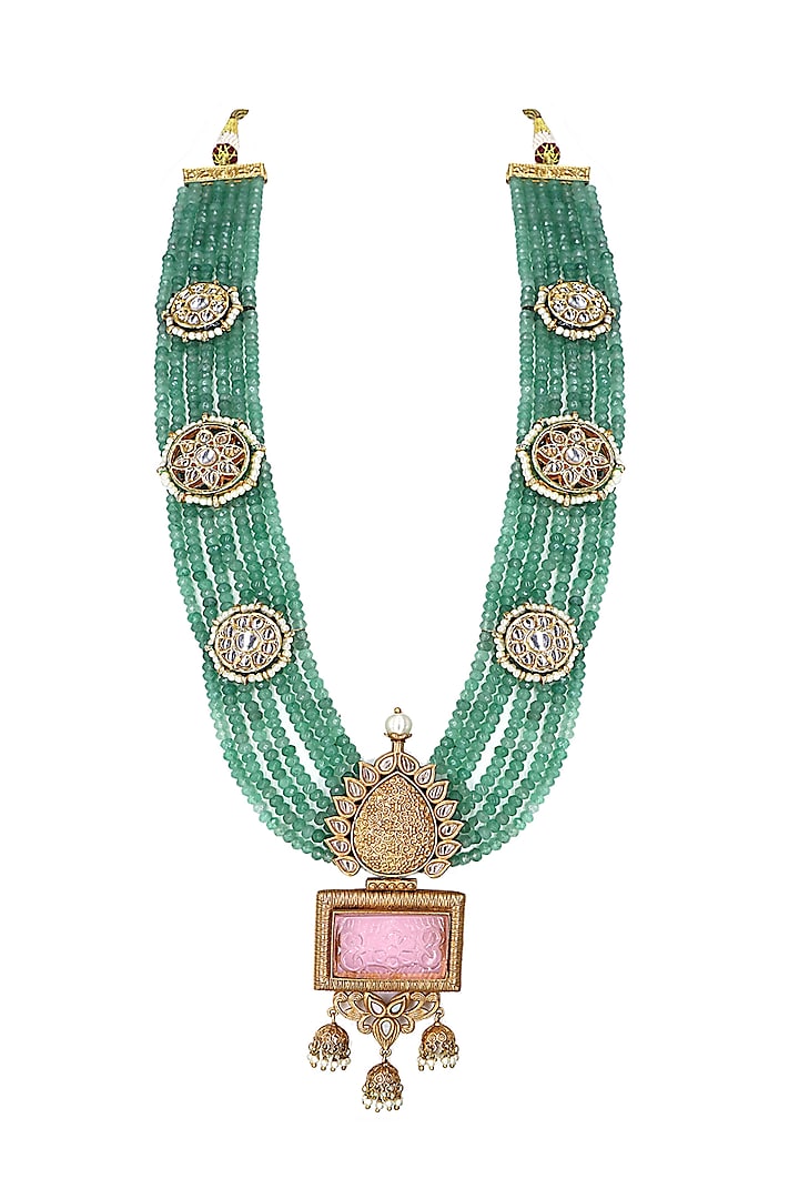 Gold Finish Green Kundan Polki & Semi-Precious Stone Necklace by Tad Accessories at Pernia's Pop Up Shop