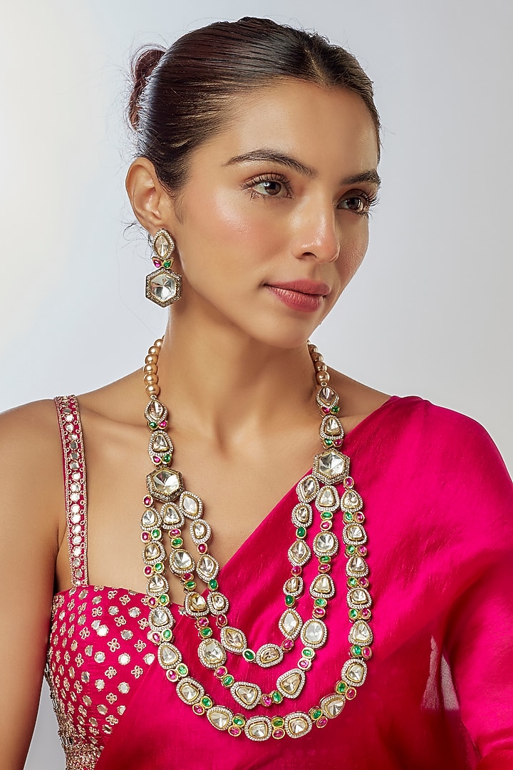 Gold Finish Kundan Polki Necklace Set by Tad Accessories at Pernia's Pop Up Shop