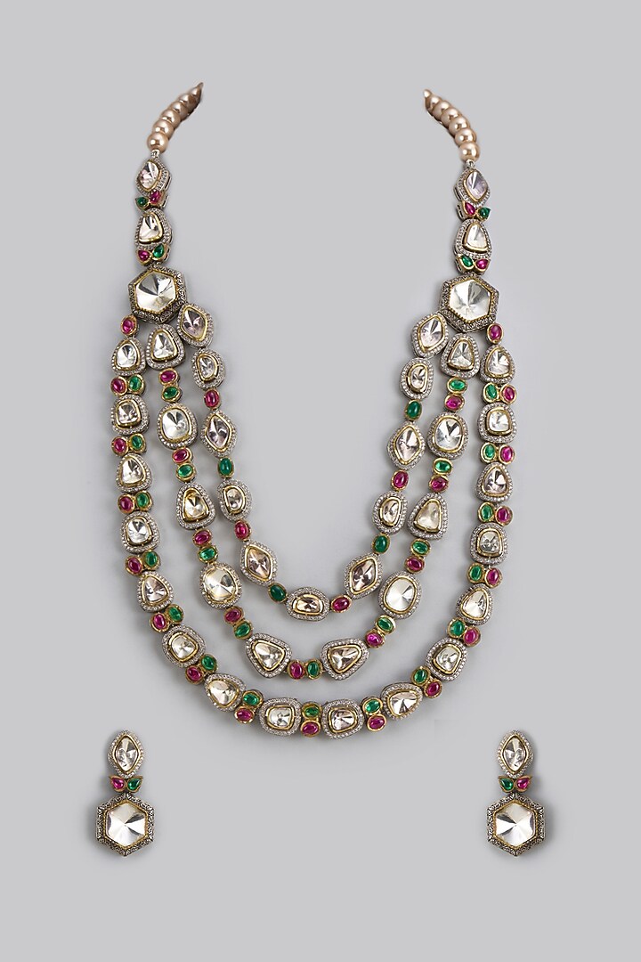 Gold Finish Kundan Polki Necklace Set by Tad Accessories at Pernia's Pop Up Shop
