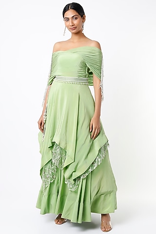 Gloss Mint Embroidered Asymmetrical Lehenga Set by Totta Designs by Neelam and Surabhi