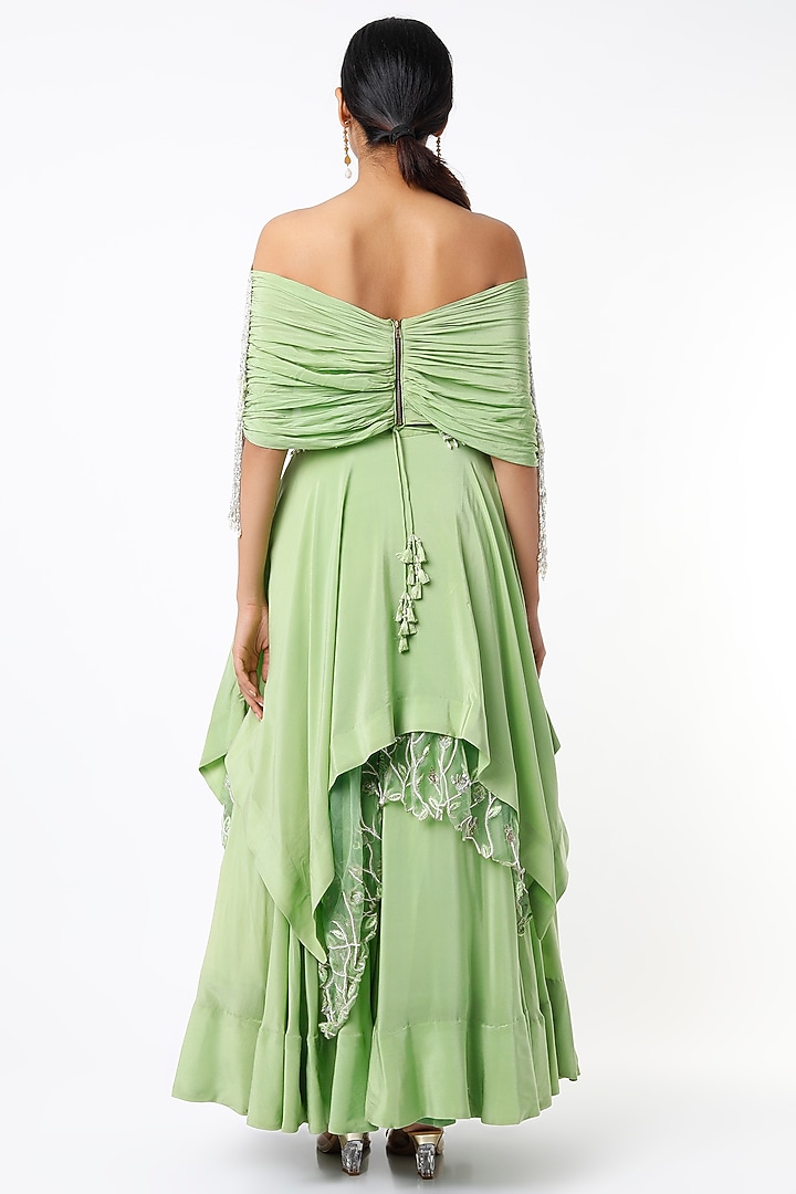 Gloss Mint Embroidered Asymmetrical Wedding Lehenga Set by Totta Designs by Neelam and Surabhi at Pernia's Pop Up Shop