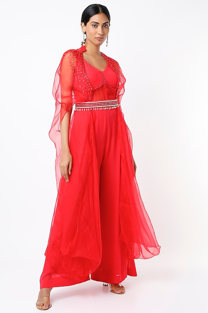 Bright Red Pure Georgette Corset Jumpsuit With Cape by Totta Designs by Neelam and Surabhi