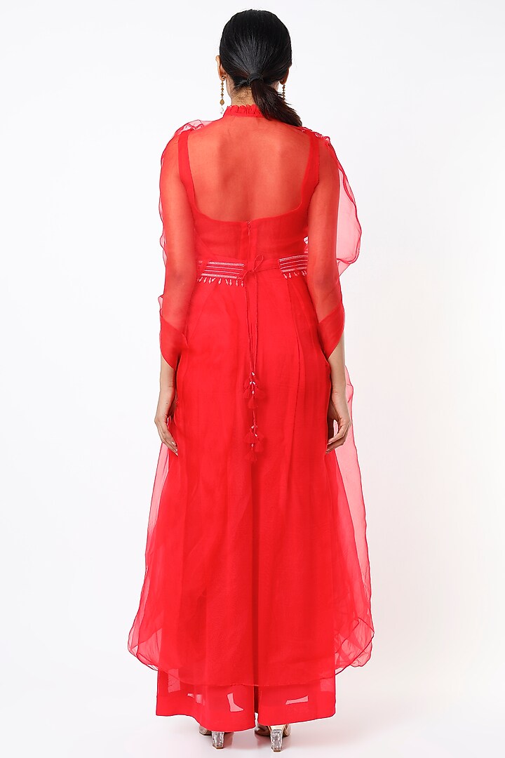 Bright Red Pure Georgette Corset Jumpsuit With Cape by Totta Designs by Neelam and Surabhi at Pernia's Pop Up Shop