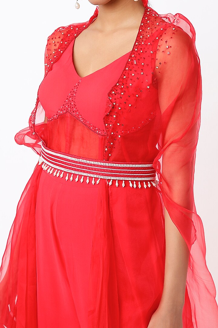 Bright Red Pure Georgette Corset Jumpsuit With Cape by Totta Designs by Neelam and Surabhi at Pernia's Pop Up Shop
