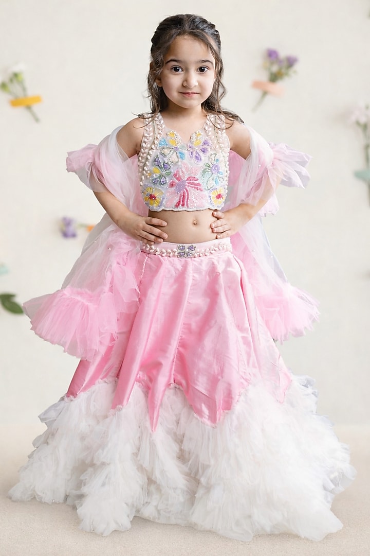Pink & White Taffeta Lehenga Set For Girls by Devykids at Pernia's Pop Up Shop