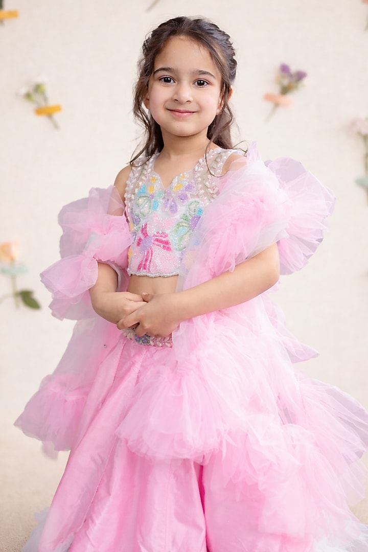 Pink & White Taffeta Lehenga Set For Girls by Devykids at Pernia's Pop Up Shop