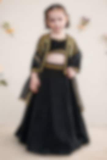 Black Velvet Embroidered Jacket Lehenga Set For Girls by Devykids at Pernia's Pop Up Shop