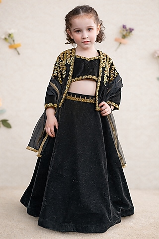 Black Velvet Embroidered Jacket Lehenga Set For Girls by Devykids