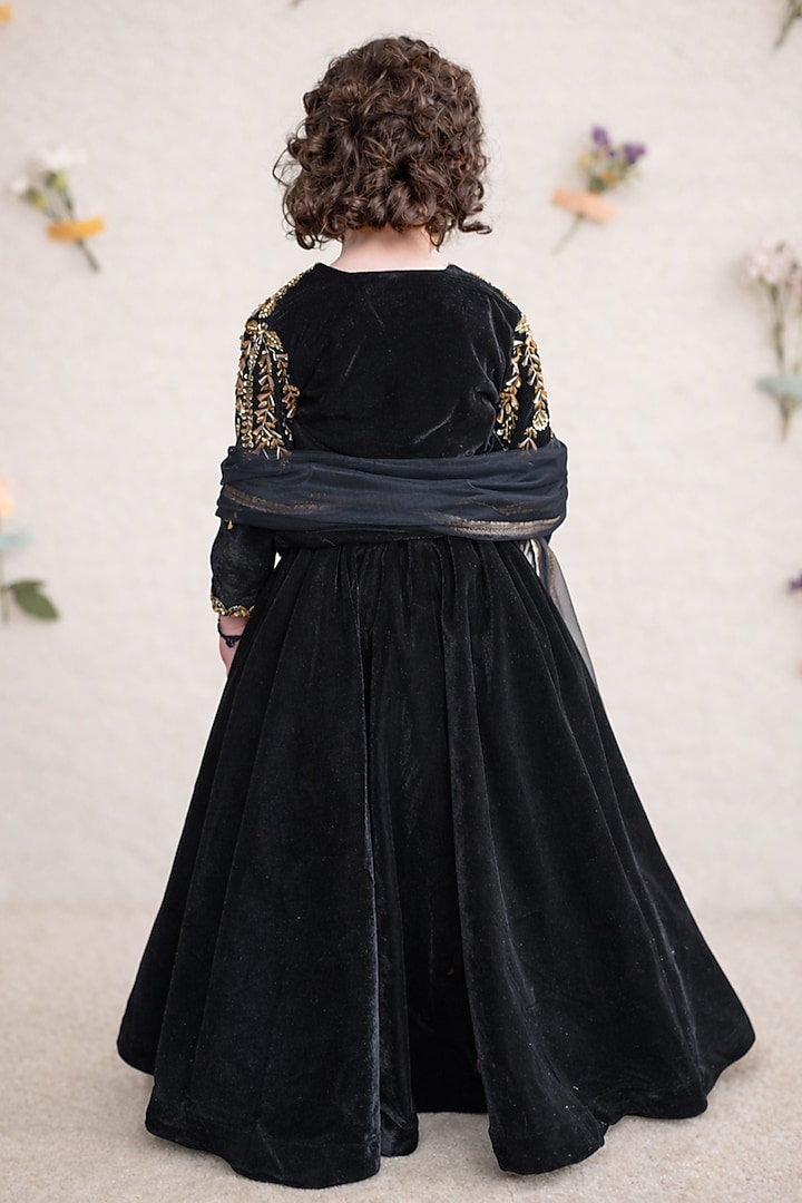Black Velvet Embroidered Jacket Lehenga Set For Girls by Devykids at Pernia's Pop Up Shop